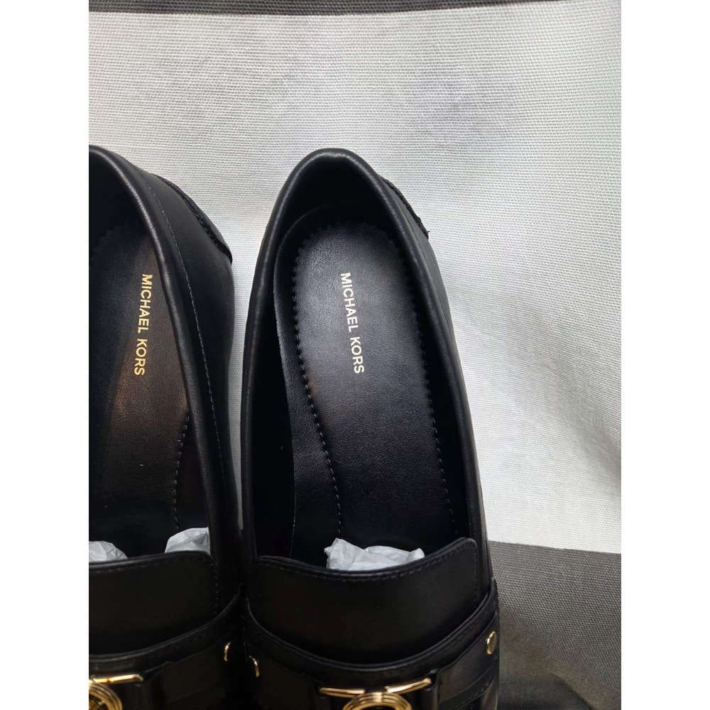 Michael Kors Mandy Loafer Moc Black Leather Square Toe Logo Buckle Shoe - Picture 5 of 10